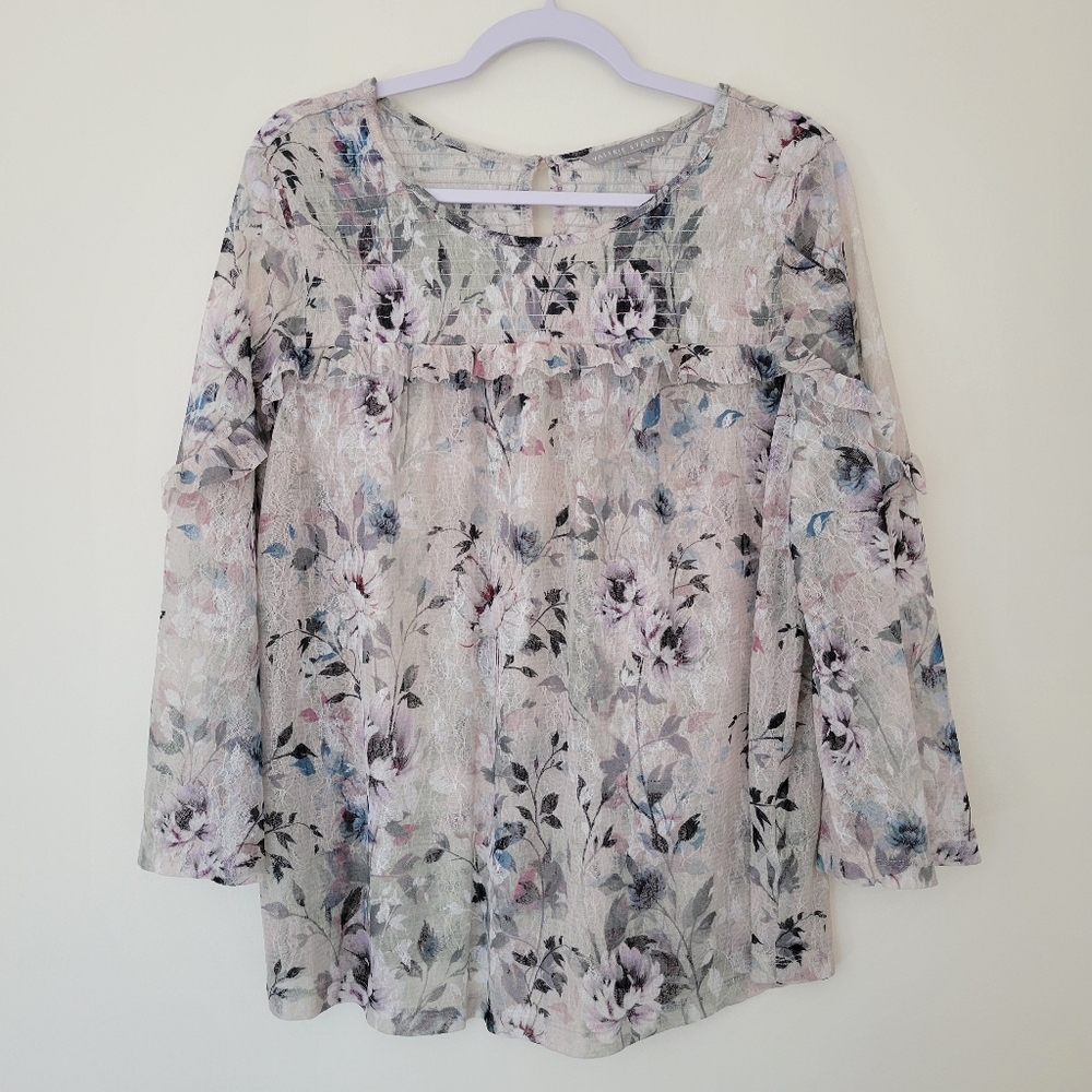 Valerie Stevens‎ Boho Cottagecore Floral Smoked Sheer Blouse XL